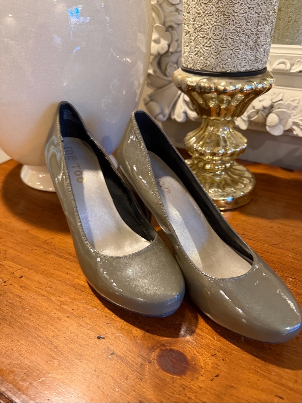 me too Olive Gray Patent Round-Toe Heels